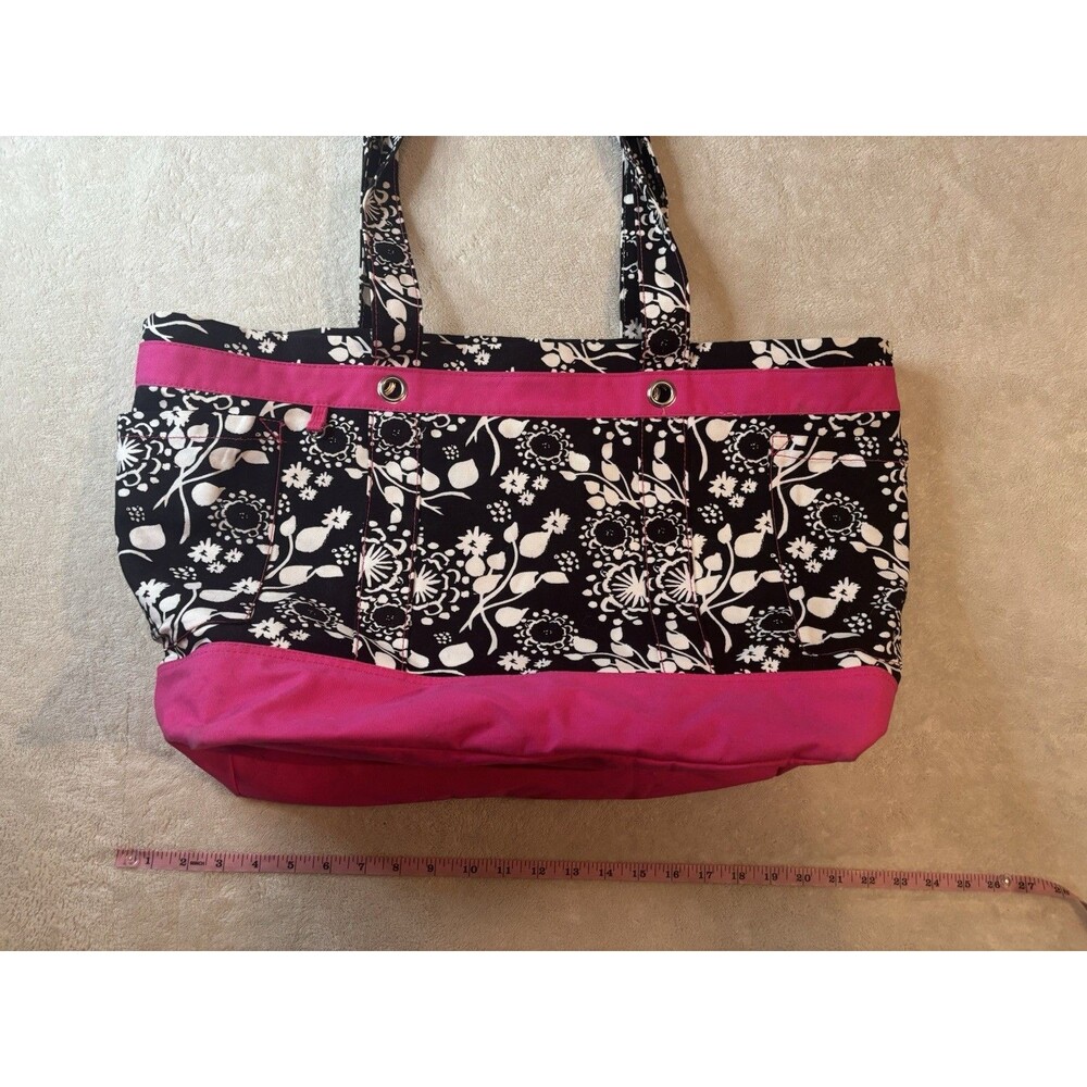 Thirty-One Large Black White Pink Canvas Floral Swirls Monogram N Purse Tote Bag - Picture 8 of 13